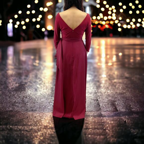 Alfred Sung Jersey Mikado Gown Dress Womens 4 Burgundy Formal Holiday Gala - Picture 2 of 13